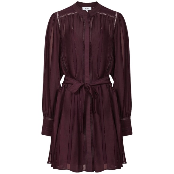 Reiss Burgundy Long Sleeve Sheer lace Dress *missing belt and inner slip - Picture 1 of 9